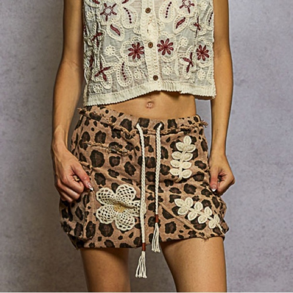 POL “ Leopard Cutie “ Cotton Mini Skirt With Cargo Pockets + Patchwork | Sand
